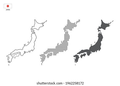3 versions of Japan map city vector by thin black outline simplicity style, Black dot style and Dark shadow style. All in the white background.