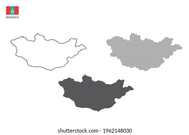 3 versiones de Mongolia de mapa de la ciudad vector por el delgado estilo de simplicidad de contorno negro, estilo de punto negro y estilo de sombra oscura. Todo en el fondo blanco.