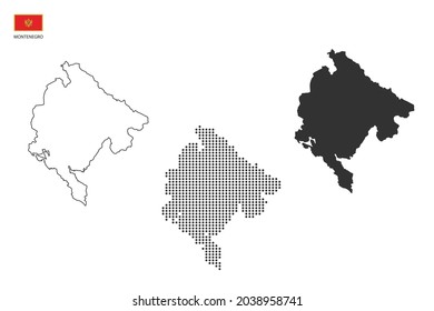 3 versiones de Montenegro mapea la ciudad vector por el delgado estilo de simplicidad de contorno negro, estilo de punto negro y estilo de sombra oscura. Todo en el fondo blanco.