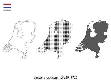 3 versions of Netherlands map city vector by thin black outline simplicity style, Black dot style and Dark shadow style. All in the white background. 