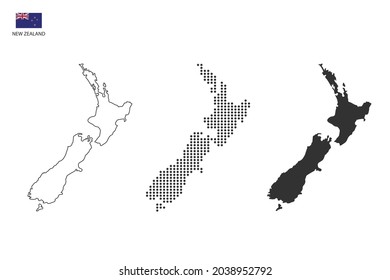 3 versions of New Zealand map city vector by thin black outline simplicity style, Black dot style and Dark shadow style. All in the white background.