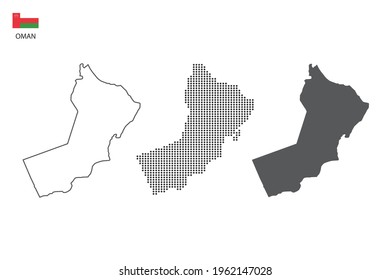 3 versions of Oman map city vector by thin black outline simplicity style, Black dot style and Dark shadow style. All in the white background.