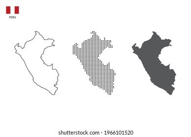 3 versions of Peru map city vector by thin black outline simplicity style, Black dot style and Dark shadow style. All in the white background.