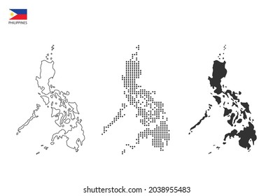 3 versions of Philippines map city vector by thin black outline simplicity style, Black dot style and Dark shadow style. All in the white background.