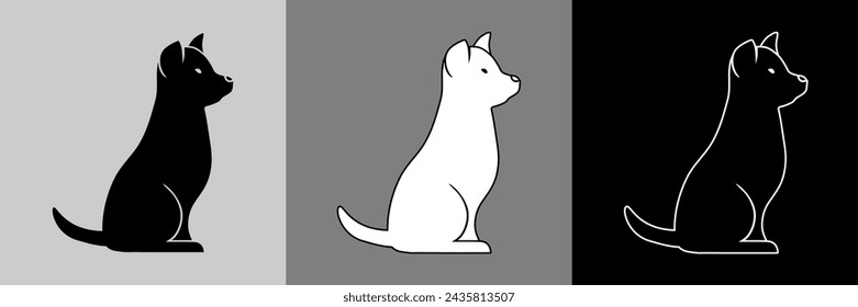 3 versions of pictogram of a dog in profile and sitting - in black outline silhouette, in white silhouette with black outlines and in white outline without background.