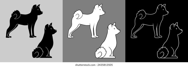 3 versions of a pictogram of a Japanese Akita dog, in profile, sitting and standing - in black outline silhouette, in white silhouette with black outlines and in white outline.