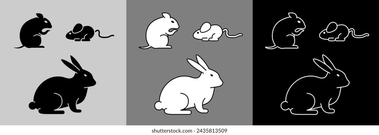 3 versions of pictograms of 3 varieties of rodents in profile, a hamster, a mouse and a rabbit - in black outline silhouette, in white silhouette with black outlines and in white outline.