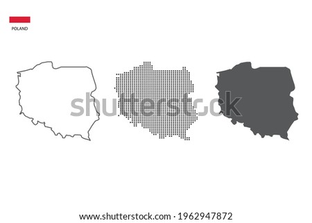 3 versions of Poland map city vector by thin black outline simplicity style, Black dot style and Dark shadow style. All in the white background. 