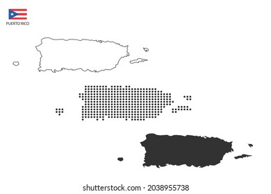 3 versions of Puerto Rico map city vector by thin black outline simplicity style, Black dot style and Dark shadow style. All in the white background.