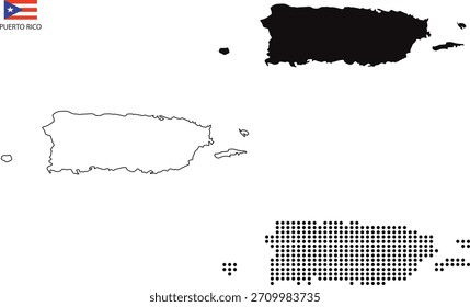 3 Versionen von Puerto Rico Karte Stadt Vektor durch dünnen schwarzen Umriss Einfachheit Stil, Schwarzen Punkt Stil und Dunklen Schatten Stil. einzeln auf transparentem Hintergrund. Vektorgrafik
