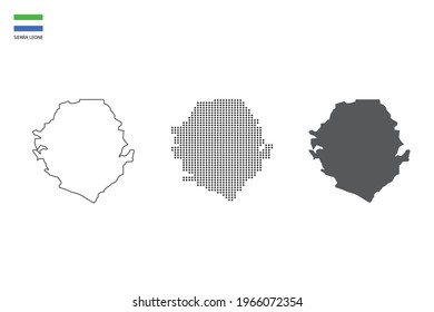 3 versions of Sierra Leone map city vector by thin black outline simplicity style, Black dot style and Dark shadow style. All in the white background.