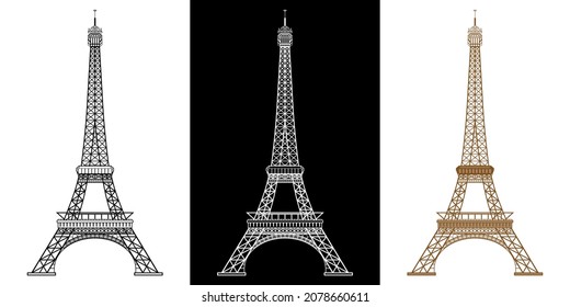 3 versions of the silhouette of the Eiffel Tower from the front, black and brown drawings on a white and white background on a black background. 