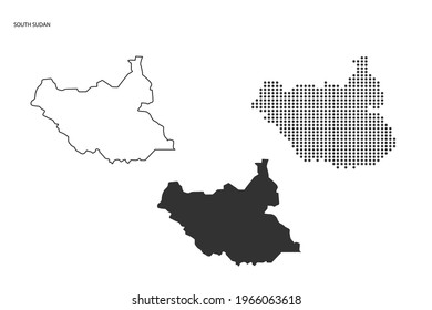3 versions of South Sudan map city vector by thin black outline simplicity style, Black dot style and Dark shadow style. All in the white background.