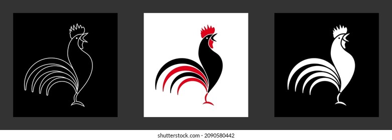 3 versions of a stylized rooster design, farm animal and symbol of victory in France. 