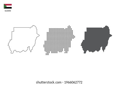 3 versions of Sudan map city vector by thin black outline simplicity style, Black dot style and Dark shadow style. All in the white background.