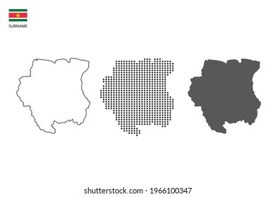 3 versions of Suriname map city vector by thin black outline simplicity style, Black dot style and Dark shadow style. All in the white background.