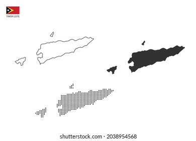 3 Versionen von Timor Leste Karte Stadtvektor durch dünne schwarze Umrissschlichtheit Stil, Black Dot Stil und Dunkler Schatten Stil. Alles auf weißem Hintergrund.