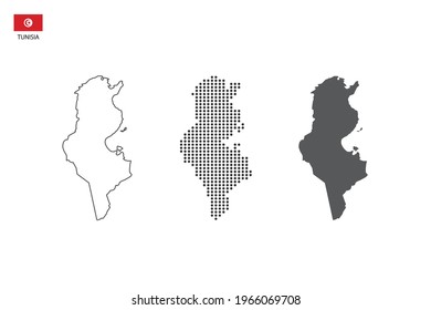 3 versions of Tunisia map city vector by thin black outline simplicity style, Black dot style and Dark shadow style. All in the white background.