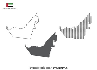 3 versions of United Arab Emirates map city vector by thin black outline simplicity style, Black dot style and Dark shadow style. All in the white background.