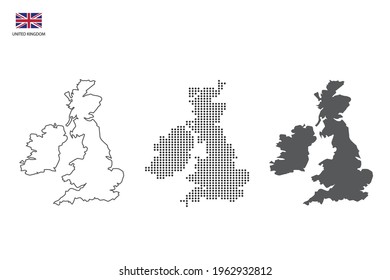 3 versiones del Reino Unido de mapa de la ciudad vector por el delgado estilo de simplicidad de contorno negro, estilo de punto negro y estilo de sombra oscura. Todo en el fondo blanco. 