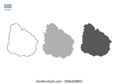 3 versions of Uruguay map city vector by thin black outline simplicity style, Black dot style and Dark shadow style. All in the white background.