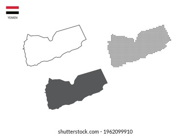 3 versions of Yemen map city vector by thin black outline simplicity style, Black dot style and Dark shadow style. All in the white background.