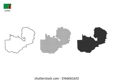 3 versions of Zambia map city vector by thin black outline simplicity style, Black dot style and Dark shadow style. All in the white background. 