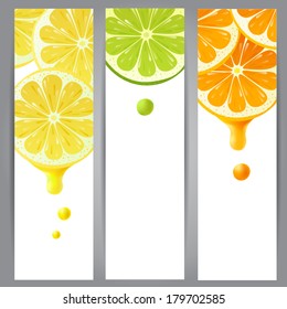 3 vertical banners with lemon, lime and orange