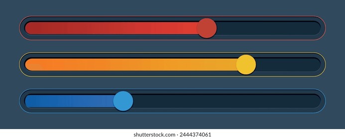 3 vertical sliders in red, yellow and blue color on black background. Vector illustration of loading bar, level, scale, sound volume. Software tool. Speed upload or download. Panel switch control.