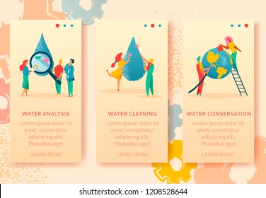 3 vertical web banners of colorful modern flat characters for water saving,analysis,cleaning,conservation,Earth save ecology concept.Small people watering planet,washing,research waterdrops