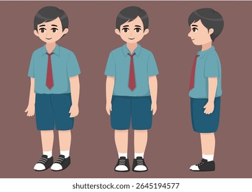 3 views, front, side, oblique of Boy in school uniform suitable for children's books