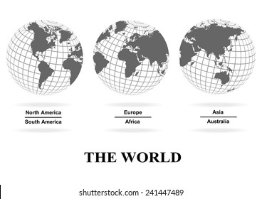 3 views of the world map , separate by continent , over lay on the sphere grid structure on white background (EPS10 art vector separate part by part)