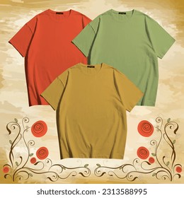 3 vintage type colourful red vintage green brown blank t shirt nicely arranged with vintage type background to showcage your creativity