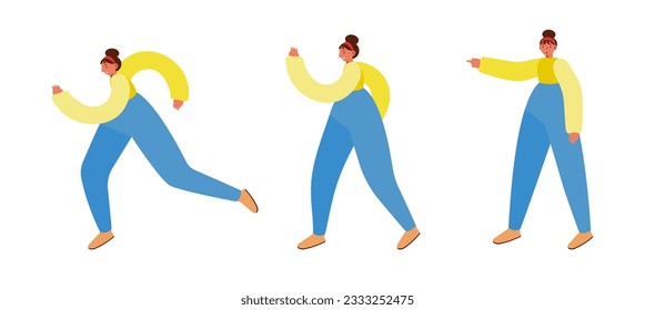 3 walking poses of a woman, points with her hand, walking, running. Wearing a long-sleeved shirt and trousers, distorted proportions. Vector illustration.