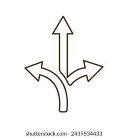 3 way direction icon. 3 way arrows vector icon. three arrow, road direction icon, way sign on white background - editable stroke. Vector illustration. Eps file 182.