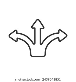 3 way direction icon. 3 way arrows vector icon. three arrow, road direction icon, way sign on white background - editable stroke. Vector illustration. Eps file 177.