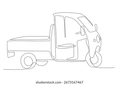 3 wheel mini truck. Open cabine. Side view. Continuous one line drawing. Black and white vector illustration in line art style.