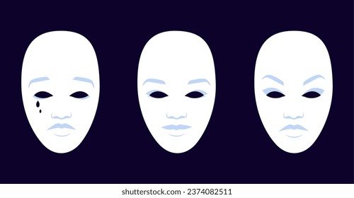 3 white plain carnival masks. Masquerade performance tools. Different mood expressions. Positive, sad and anger feelings. Vector illustration. Mental health concept.