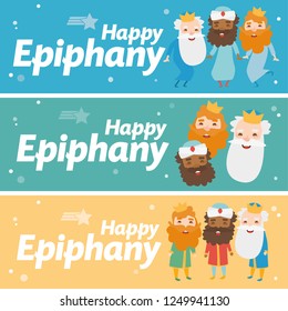 3 wise men different banner. Happy epiphany in different colors. The three kings of orient, Melchior, Gaspard and Balthazar. Christmas vectors 