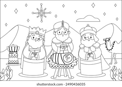 3 wise men on Jesus birth coloring page illustration