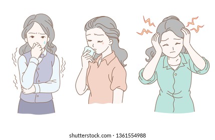 3 women with different movements,A headache, hands on head,An unwell body, shaking body,A sad expression, wiping tears with a handkerchief in one hand