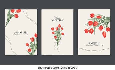 3 Women's Day Greeting Cards with Watercolor Red Tulips. Covers with Spring Flowers. Vector Templates