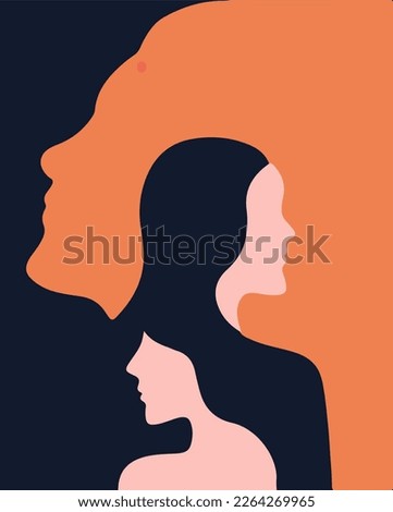 3 women's vector illustration with long hair and women's day 8th march