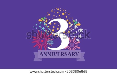 3 year anniversary banner with open burst gift box. Template first birthday celebration and abstract text on white background illustration