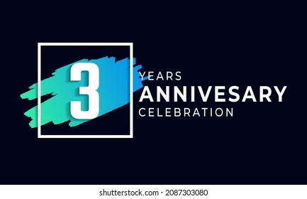 3 Year Anniversary Celebration with Blue Brush and Square Symbol. Happy Anniversary Greeting Celebrates Event Isolated on Black Background