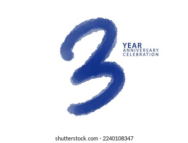 3 year anniversary celebration blue color logotype vector, 3 number design, 3rd Birthday invitation, logo number design vector illustration, blue logo brushstroke illustration