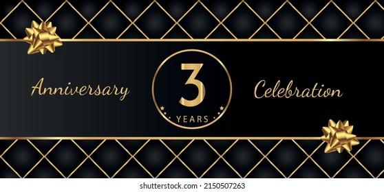 3 Year Anniversary Celebration with Gold Bow for Celebration Events, Wedding, greeting card, birthday party, and Invitation Isolated on Black Background. 3 Years Anniversary Logotype Vector
