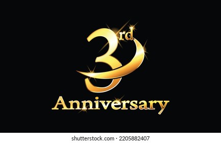 3 year anniversary celebration logo.  Anniversary celebration. Gold Luxury Banner of 3rd Anniversary celebration. Third celebration card. Vector anniversary