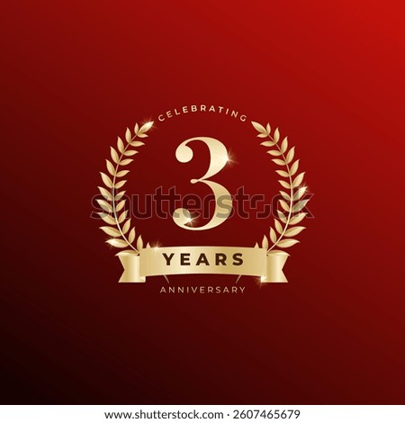 3 Year Anniversary celebration, Three Year Anniversary celebration On Red background for celebration event, festive illustration, Golden number 3 sparkling confetti.