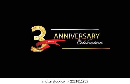 3 Year Anniversary celebration Vector Design. 3rd Anniversary celebration. Gold Luxury Banner of 3rd Anniversary celebration with red ribbon and glitter. Background celebration. Vector anniversary
